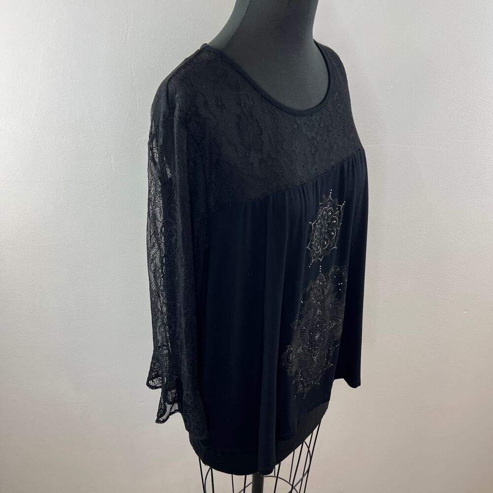DESIGUAL Alegra Black Sheer Lace Rhinestone 3/4 Sleeve Boho Blouse Plus XXL - Picture 5 of 8